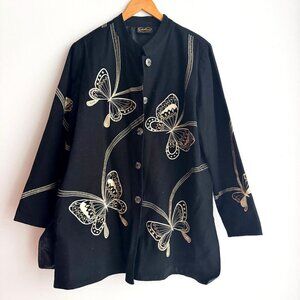 Vintage Allure Black Gold Butterly Print embroidered Blazer Jacket XL